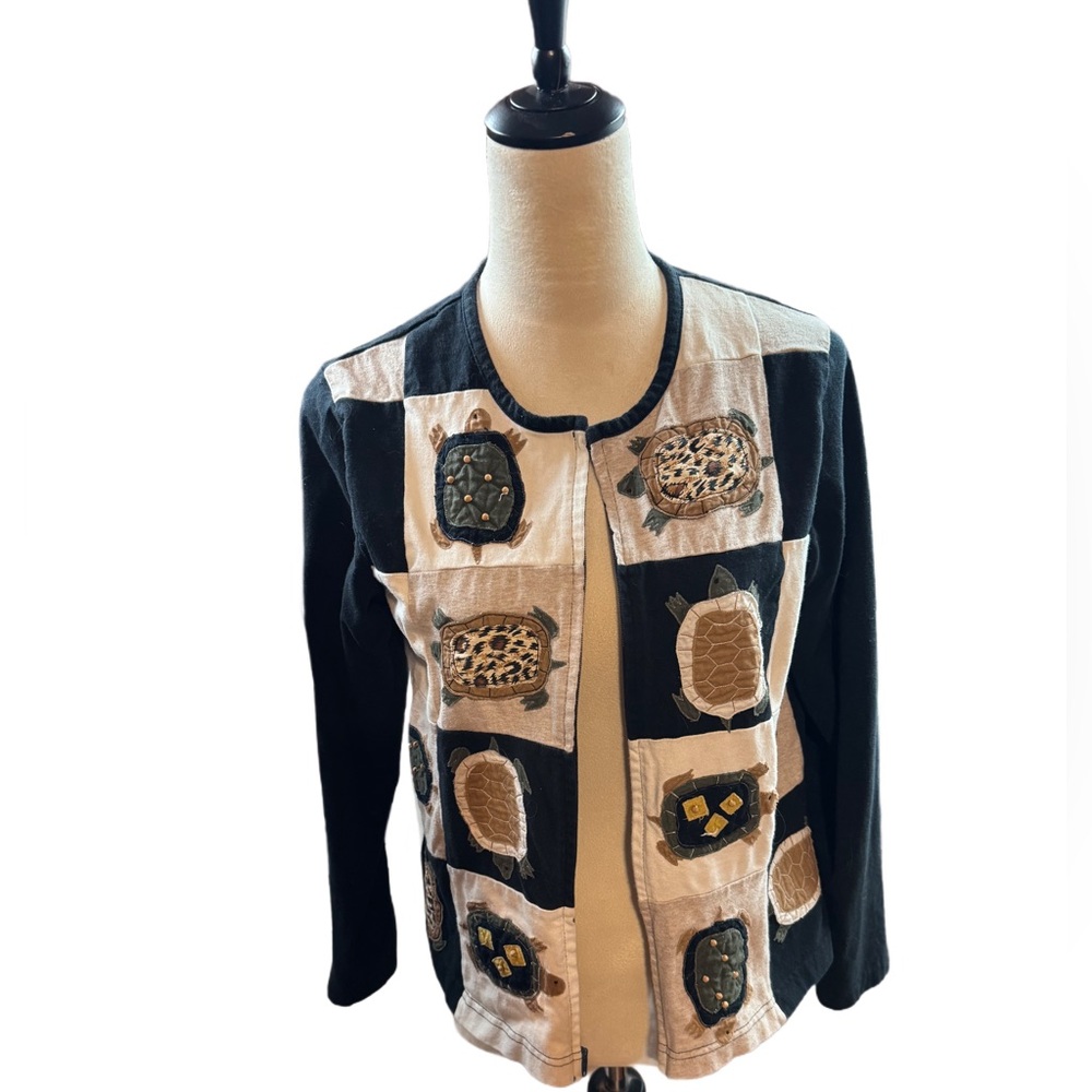 Vintage Susan Bristol Black and Cream Zippered Cardigan TURTLES Sz M